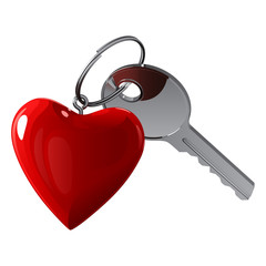 Блестящий металлический ключ с брелком в виде красного сердечка на металлическом кольце, на белом фоне
