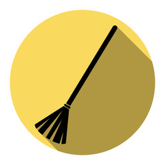 Sweeping broom sign. Vector. Flat black icon with flat shadow on royal yellow circle with white background. Isolated.