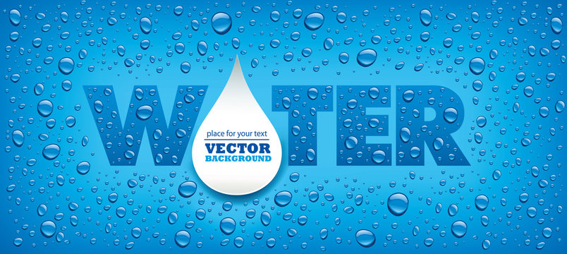 water drops on blue background with place for text in big drop
