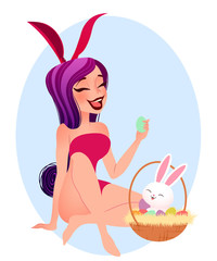 Easter bunny girl illustration. Young smiling girl wearing bunny ears and holding an easter egg