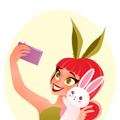 Easter bunny girl illustration. Young smiling girl wearing bunny ears takes selfie with bunny