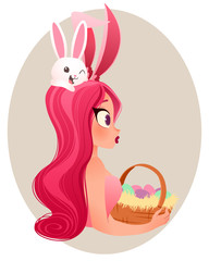 Easter bunny girl illustration. Young smiling girl wearing bunny ears holding a basket with eggs.