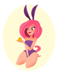 Easter bunny girl illustration. Young smiling girl wearing bunny ears with chicken