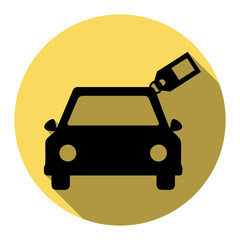 Car sign with tag. Vector. Flat black icon with flat shadow on royal yellow circle with white background. Isolated.