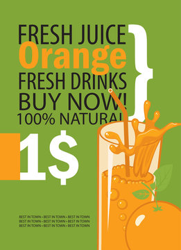 vector banner with orange, glass of juice and text on green background