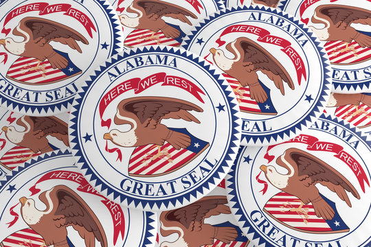 US State Buttons: Pile of Alabama Seal Badges, 3d illustration
