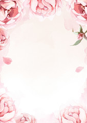 Obraz premium watercolor pink, rose, and red peonies on rose background for greetings card