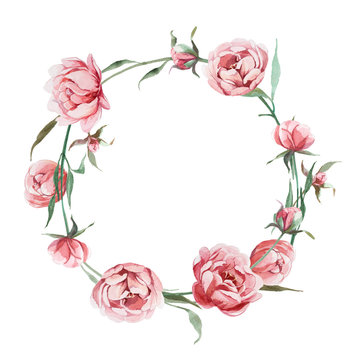 watercolor romantic wreath of rose peony flower isolated on white background. Flower frame for card and wedding.