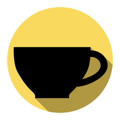 Cup sign. Vector. Flat black icon with flat shadow on royal yellow circle with white background. Isolated.