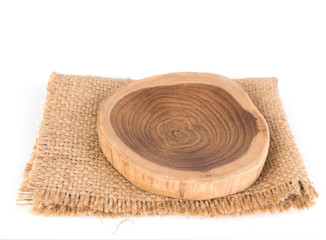 Sackcloth and wooden tray  isolated on white background