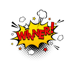 Comic speech bubble with expression text Winner, clouds and stars Vector bright dynamic cartoon illustration in retro pop art style isolated on white background.