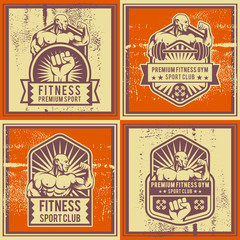 Vintage vector fitness and gym badge. Bodybuilder classic logo and propaganda poster composition. Badge logo, emblem, label. Vintage design. Vector illustration.