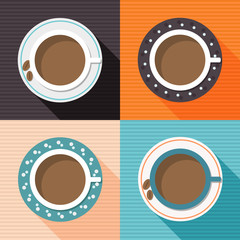 Colorful Porcelain Cups Of Coffee With Long Shadow And Colorful Squares. Positive And Funny Start Of The Day