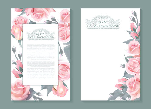 Vector botanical banners with pink roses. Vertical design for wrapping paprer, soap, beauty salon, natural and organic products, make up, health care products or aromatherapy, etc. Place for text - Powered by Adobe