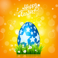 Easter egg hunt. Orange, yellow background. April holidays. Flowers and grass. Abstract banner, card. Spring time. Celebration.