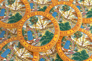 Fototapeta na wymiar US State Buttons: Pile of Florida Seal Badges, 3d illustration