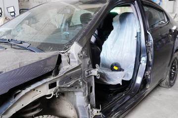 Kaluga, Russia - March, 28, 2-17: Crashed car in a body shop in Kaluga