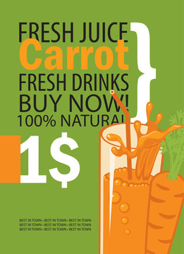 vector banner with carrot, glass of juice and text on green background