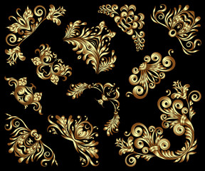 Vector set of gold decorative hand-drawn floral elements, filigree corners on black background. Page, web site decoration in vintage style.