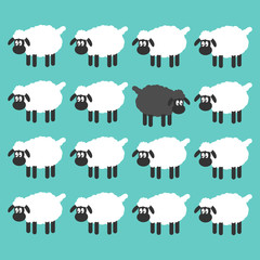 Stand out from the crowd concept. Black sheep between white sheep vector illustration.