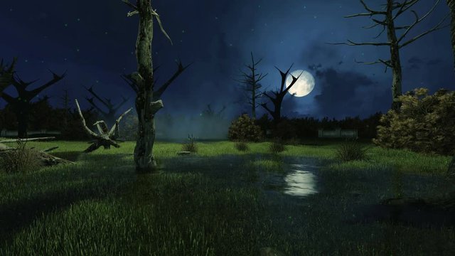 Fantastic big moon above creepy swamp with mystic firefly lights flying around spooky dead trees at misty night. Cinemagraph style fantasy animation rendered in 4K