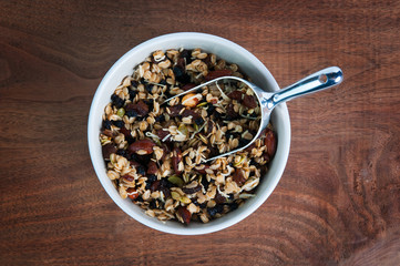 Healthy wholesome granola with raisins,almonds,oats,seeds, and coconut