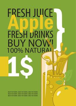 vector banner with apple, glass of juice and text on green background
