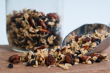 Healthy wholesome granola with raisins,almonds,oats,seeds, and coconut
