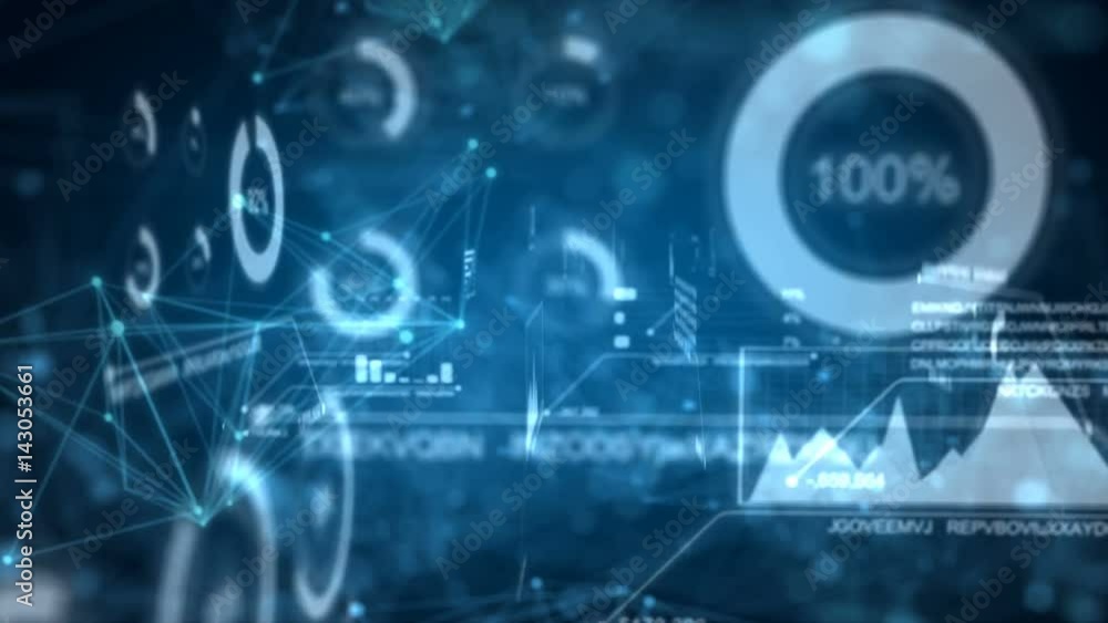 Poster 4k animation of 3d moving world map with dot connection bar graph and random text element on dark ba