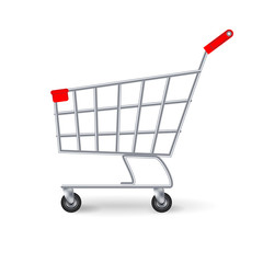 Supermarket Shopping Cart Vector. Side View Empty Shopping Cart Isolated On White Background.