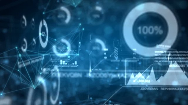  4K Animation of 3D moving world map with dot connection bar graph and random text element on dark background futuristic concept