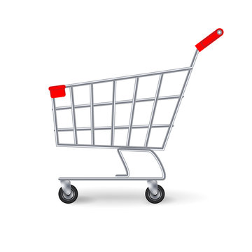 Supermarket Shopping Cart Vector. Side View Empty Shopping Cart Isolated On White Background.