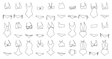 Fototapeta na wymiar Hand drawn vector clothing set. 30 models of trendy swimwear.