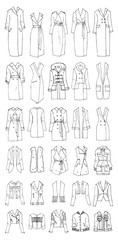 Hand drawn vector clothing set. 30 models of trendy coats and jackets.