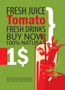 vector banner with tomatoes, glass of juice and text on green background