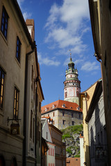 Cesky Krumlov, Czech Republic - April 21st, 2016 : Krumlov Castle on a beautiful blue sky day
