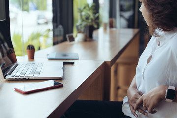 Asian girl graphic designer thinking idea for a new project, freelancer thinking idea for a new project in selective focus.