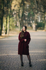 Beautiful stylish young woman in  coat posing in autumn city