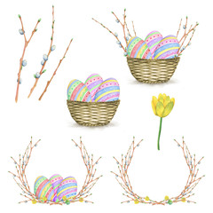 Watercolor Happy Easter set with eggs, baskets and wreaths