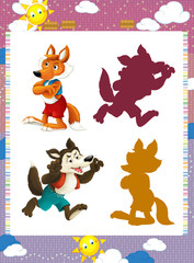 cartoon set of medieval animal characters fox and wolf - searching game with shadows