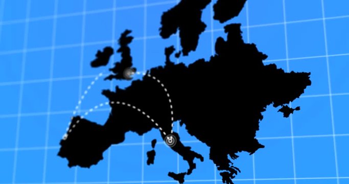 Animated Travel and Business Trip Infographic on Black Europe Earth Map 4k Rendered Video 