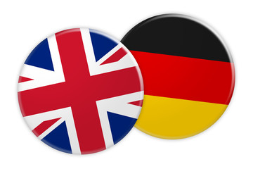 Obraz premium News Concept: UK Great Britain Flag Button On Germany Flag Button, 3d illustration on white background