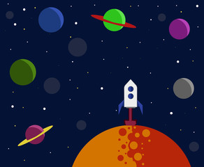 Vector illustration of cosmic sky with planets of the solar system and stars. Space rocket takes off from the planet