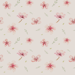 Watercolor seamless wallpaper with blossom cherry flowers, branch and leaves, bohemian watercolour decoration pattern. Design for invitation, wedding or greeting cards