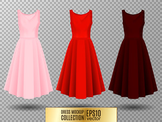Women's dress mockup collection. Dress with long pleated skirt. Realistic vector illustration. Fully editable handmade mesh. Festive dress without sleeves. Light, bright and dark blue variation.