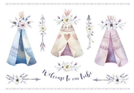 Hand drawn watercolor tribal teepee, isolated white campsite tent. Boho America traditional native ornament. Indianbohemian decoration tee-pee with arrows and feathers