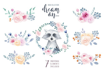 Set of watercolor boho floral bouquets with raccoon. Watercolour bohemian natural frame: leaves, feathers, flowers,  Isolated on white background. Artistic decoration illustration.
