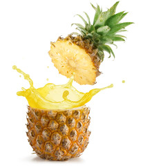 juice splashing out of a pineapple isolated on white background