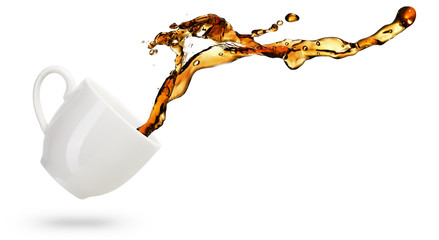 coffee spilling out of a mug isolated on white background - obrazy, fototapety, plakaty