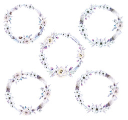 Watercolor floral wreath. Watercolour natural frame: leaves, feathers, flowers, birds. Isolated on white background. Artistic decoration illustration. Save the date.